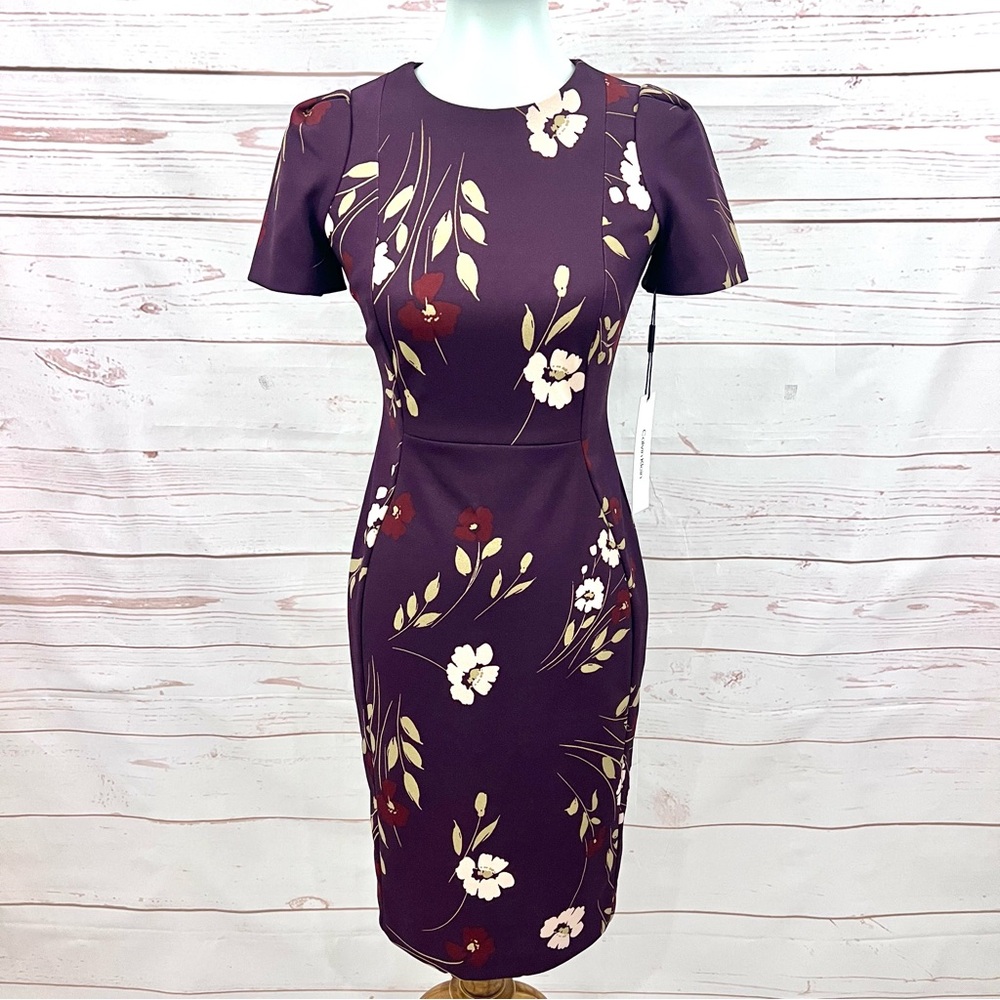 NWT Calvin Klein Short Puffy Sleeve Plum Purple Floral Wheat Sheath Dress